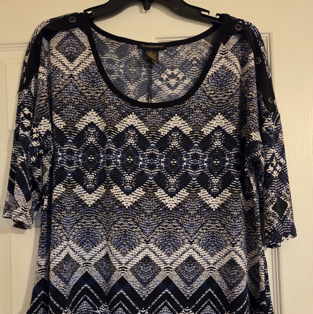 Navy, White & Black Trim Blouse